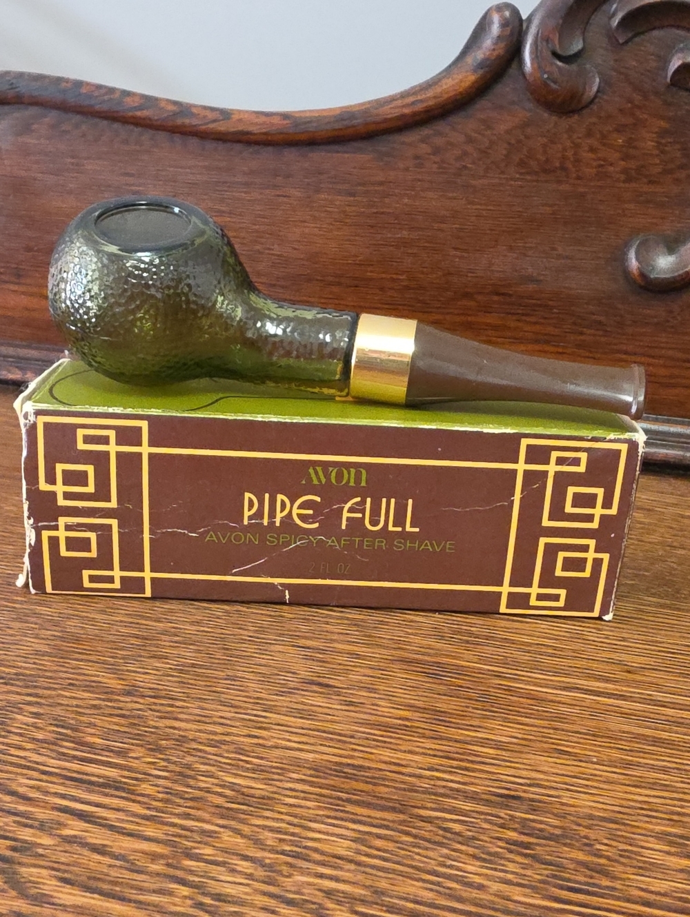 Avon Green Glass Pipe Aftershave Bottle with Gold Band
